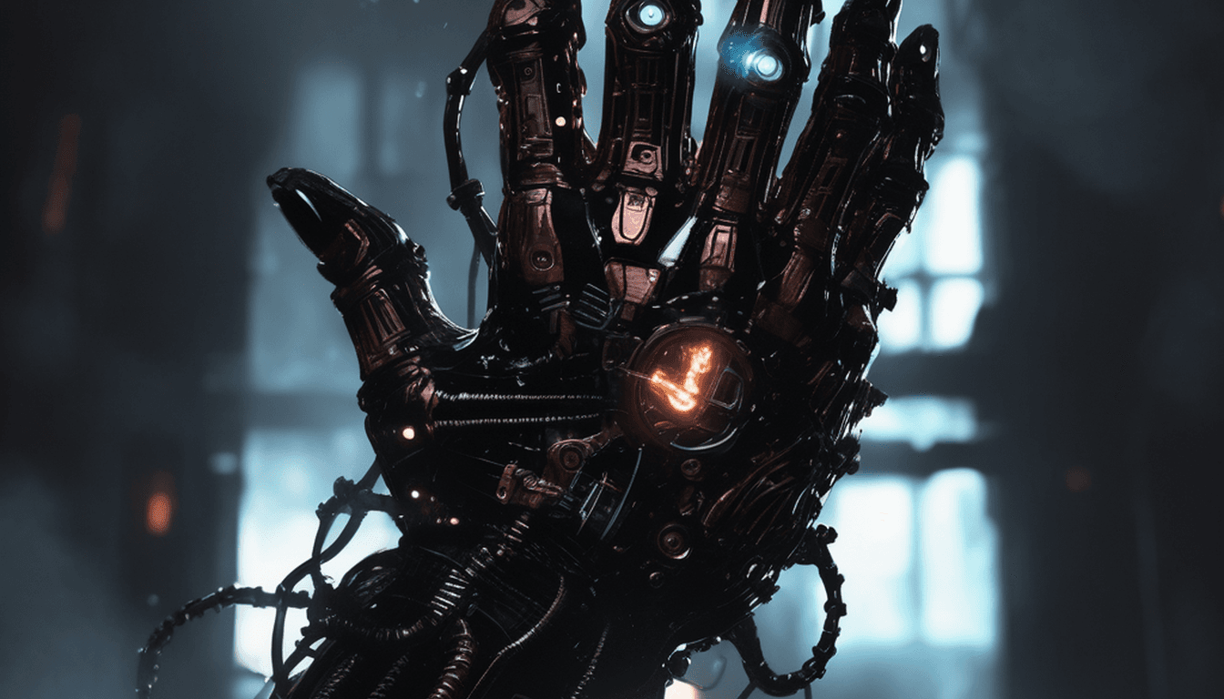 A single medic glove with copper-lit fingertips in the void