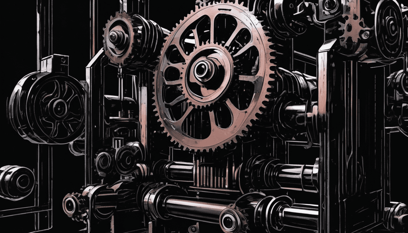 Copper-glowing gears of an information factory in the void