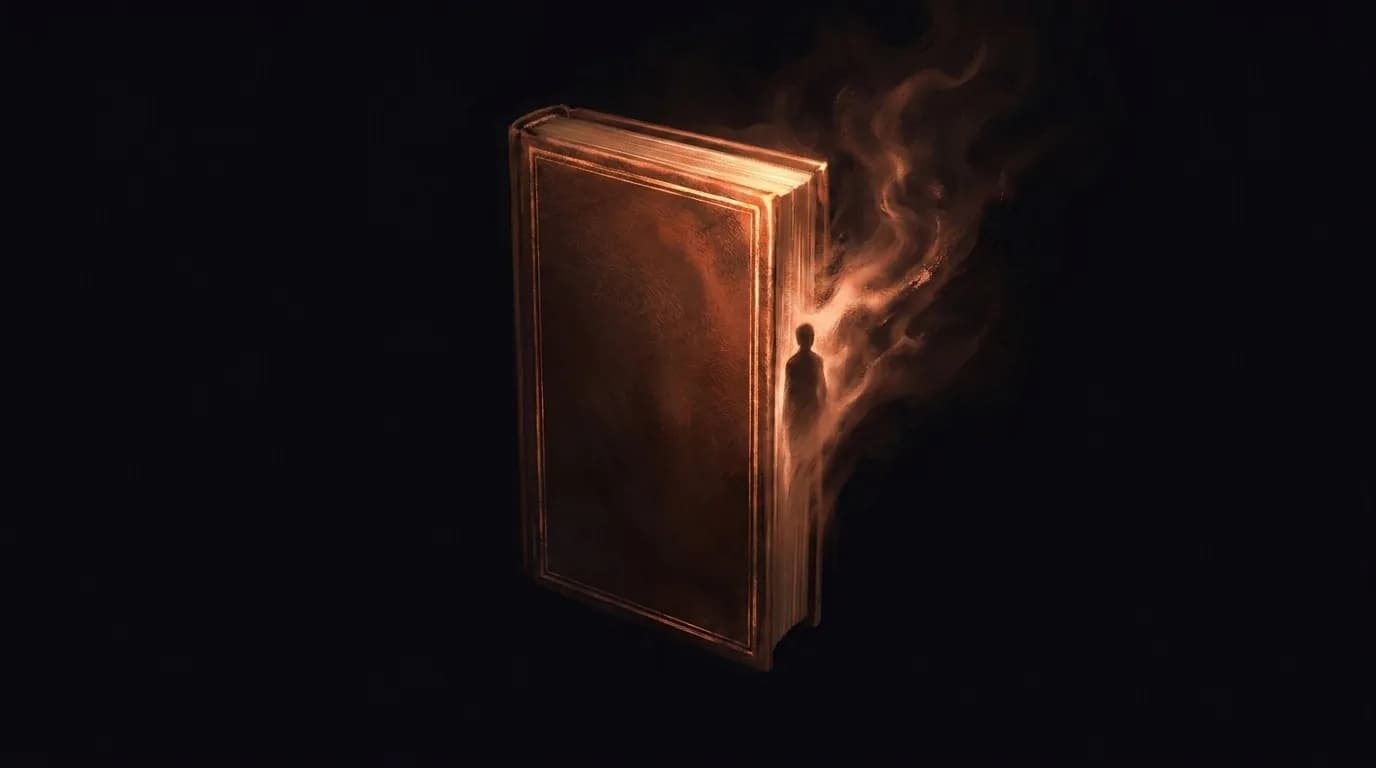 A book rimmed in copper with a human silhouette dissolving into copper mist — smrhs style.