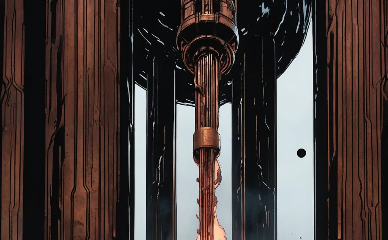 A brass column with a vertical copper seam of light glowing in darkness — a smrhsstyle painting, copper on pitch-black void.