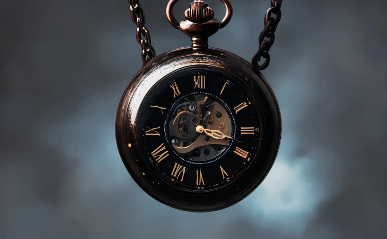 A brass pocket watch in warm copper light in the dark — an emblem of instant allocation, a smrhsstyle painting on a pitch-black void.