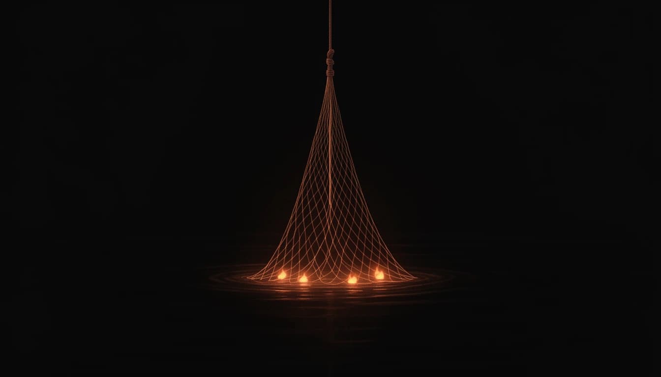 A fishing net drawn up from dark water, holding a few small glowing lights