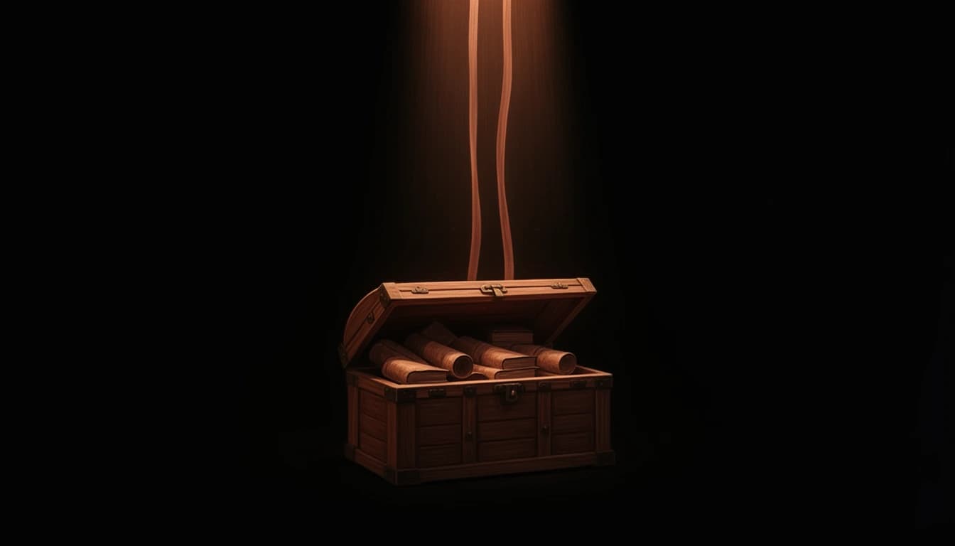 An open wooden chest of books and scrolls with ribbons of warm light rising from it into the dark