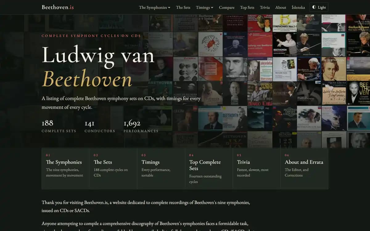 Forsíða beethoven.is, gagnasafns um heildarútgáfur sinfónía Beethovens.