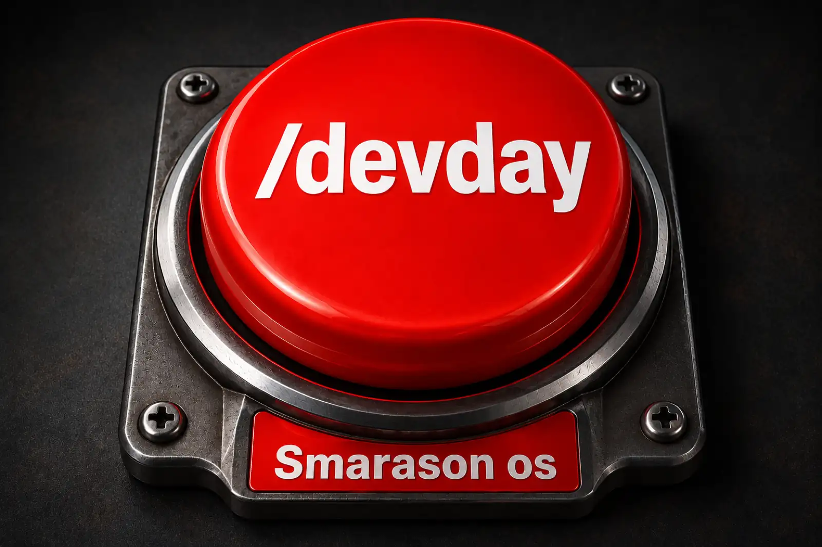 A red industrial easy-button labelled /devday, on a brushed-steel housing reading Smarason os. Press to journal the day.
