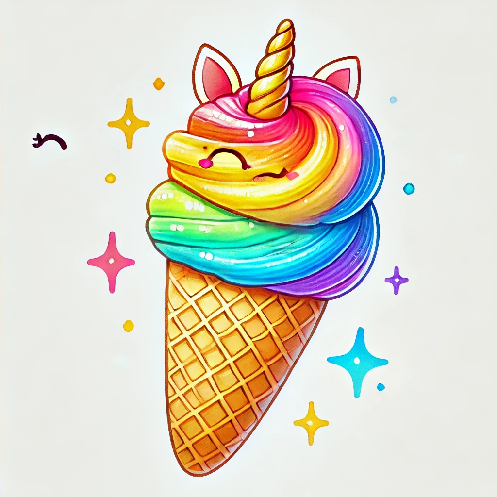 DALL-E generated image of a rainbow unicorn ice cream cone on a plain white background