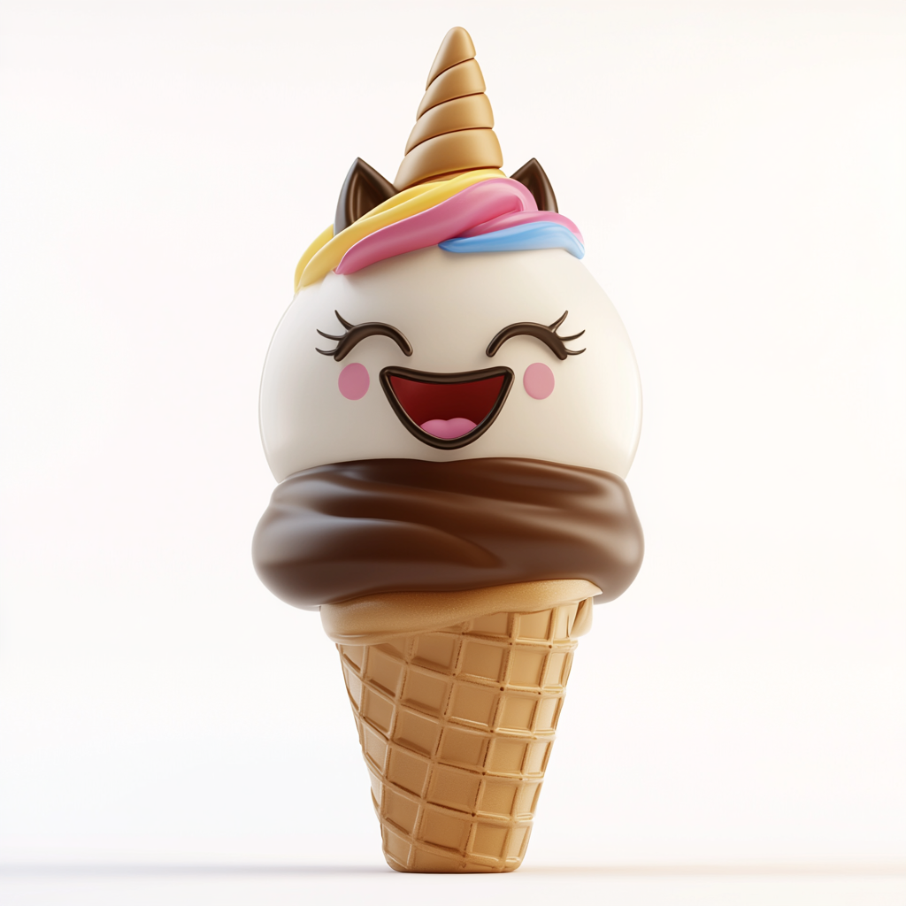 Midjourney generated image of a rainbow unicorn ice cream cone on a plain white background